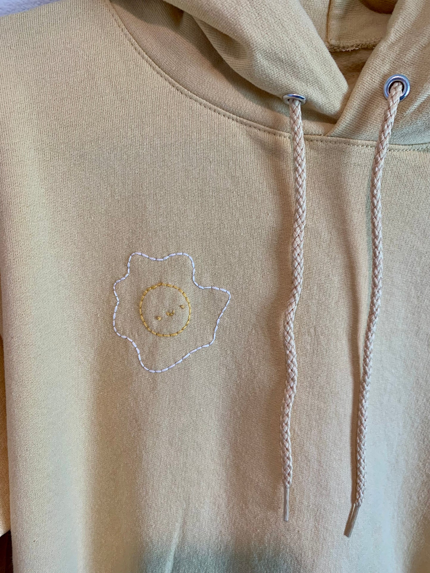 Hand Embroidered Fried Egg on Solid Butter Yellow Hoodie