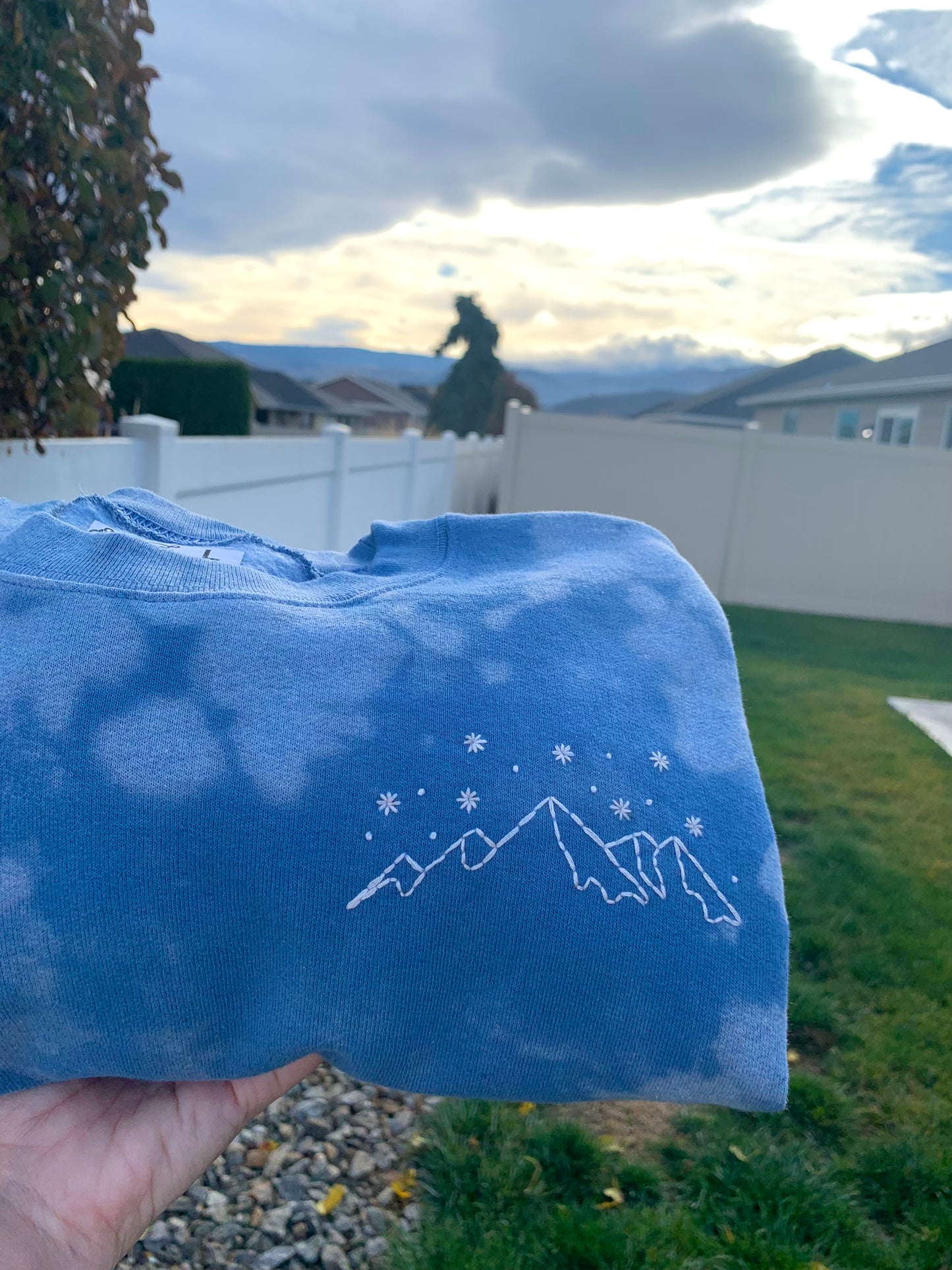 Hand Embroidered White Snowy Star Mountains on Tie Dye Baby Blue Fleece Long Sleeve Crew