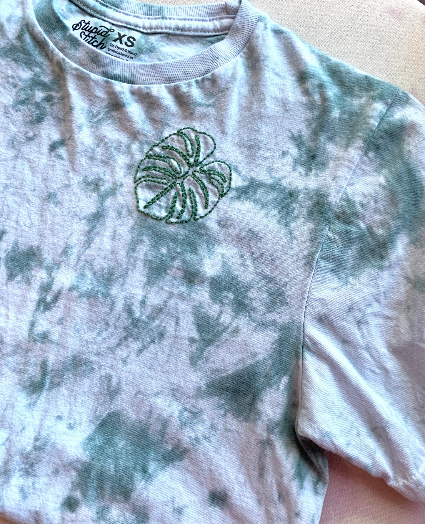 Tie Dye Teal Monstera Leaf Embroidered Tee