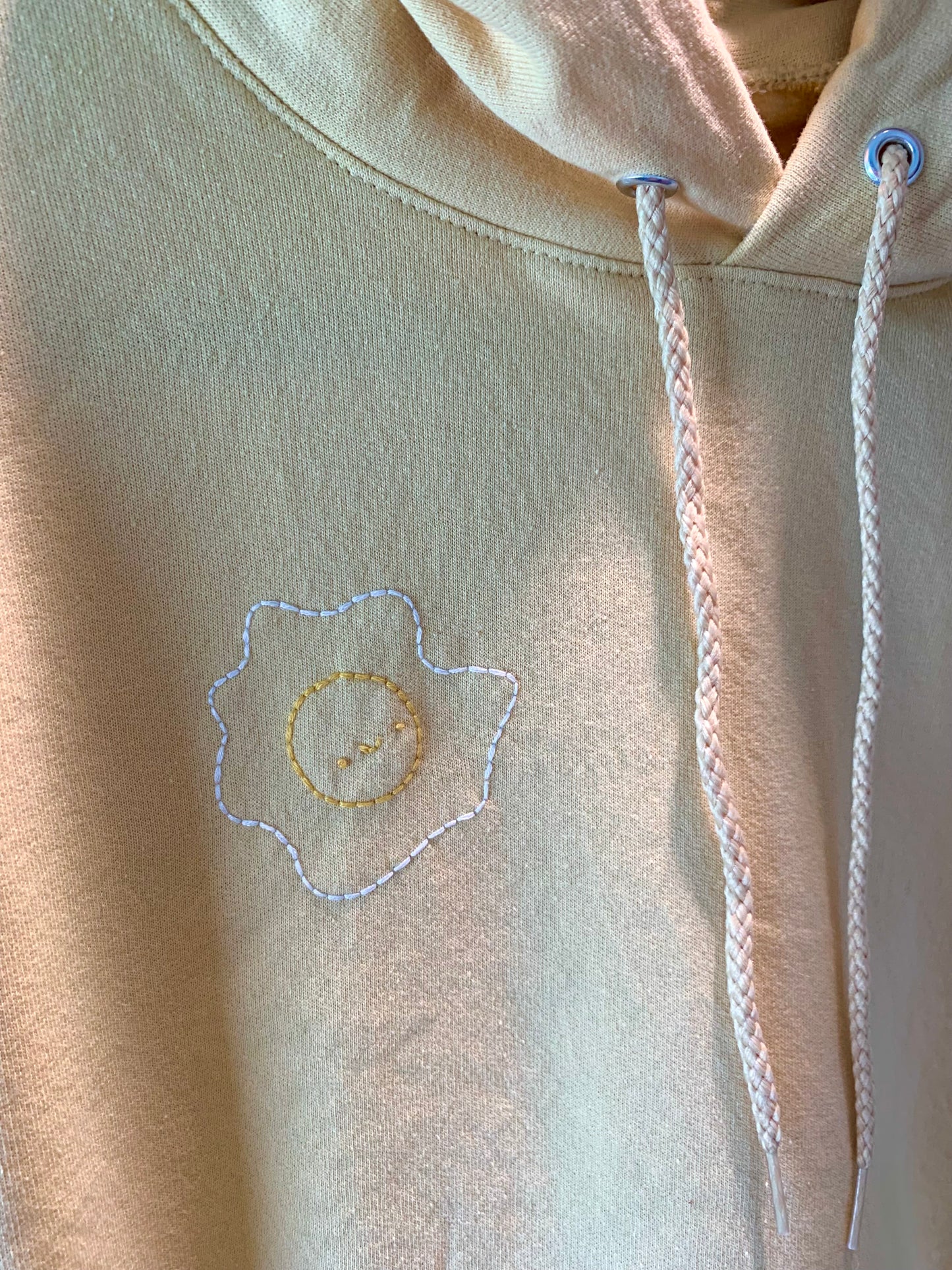 Hand Embroidered Fried Egg on Solid Butter Yellow Hoodie