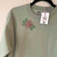 Hand Embroidered Traditional Rose on Solid Sage Green Crew Neck Sweatshirt