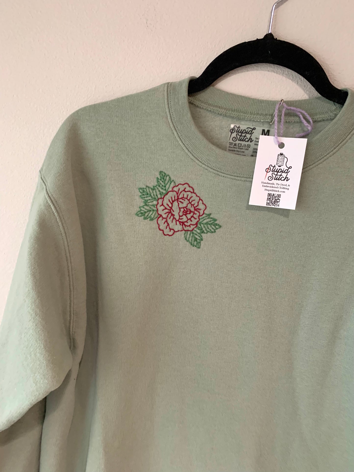 Hand Embroidered Traditional Rose on Solid Sage Green Crew Neck Sweatshirt