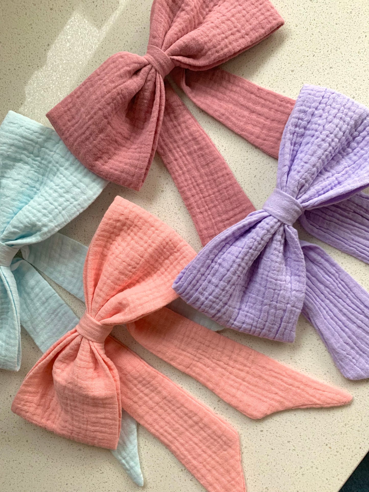 100% Cotton Double Gauze Sailor Hair Bow with Pointed Tails, Light Weight Bow for Girl, Medium Size Bow Women's gift, Spring Hair Accessory