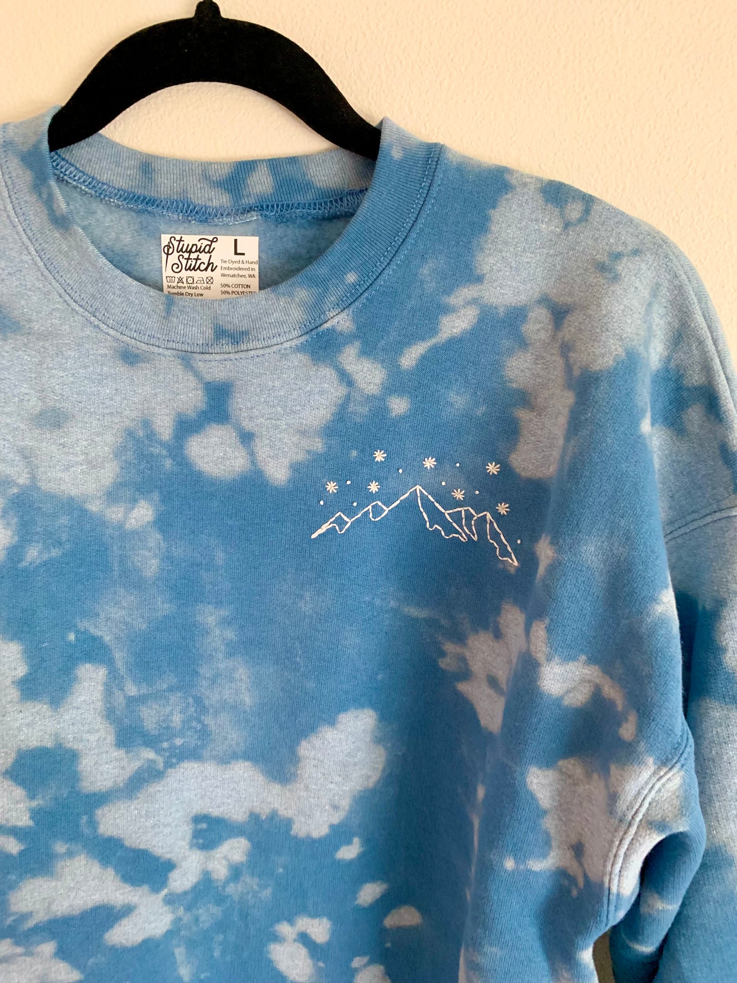 Hand Embroidered White Snowy Star Mountains on Tie Dye Baby Blue Fleece Long Sleeve Crew