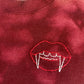 Hand Embroidered Vampire Lips with Bat Coffin on Tie Dye Maroon Fleece Long Sleeve Crew