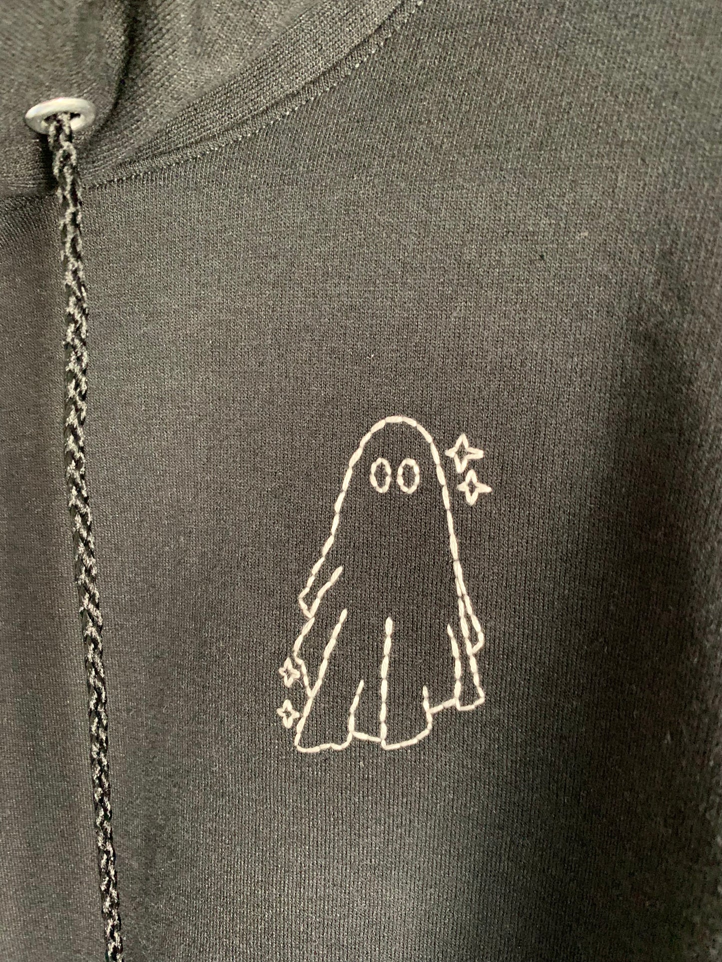 Hand Embroidered Sparkly Sheet Ghost on Solid Black Hoodie