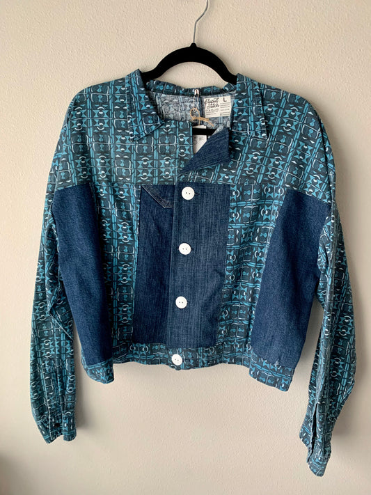 Upcycled Handmade Denim and Printed Blue Button Up Jacket, Size Large