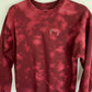 Hand Embroidered Vampire Lips with Bat Coffin on Tie Dye Maroon Fleece Long Sleeve Crew