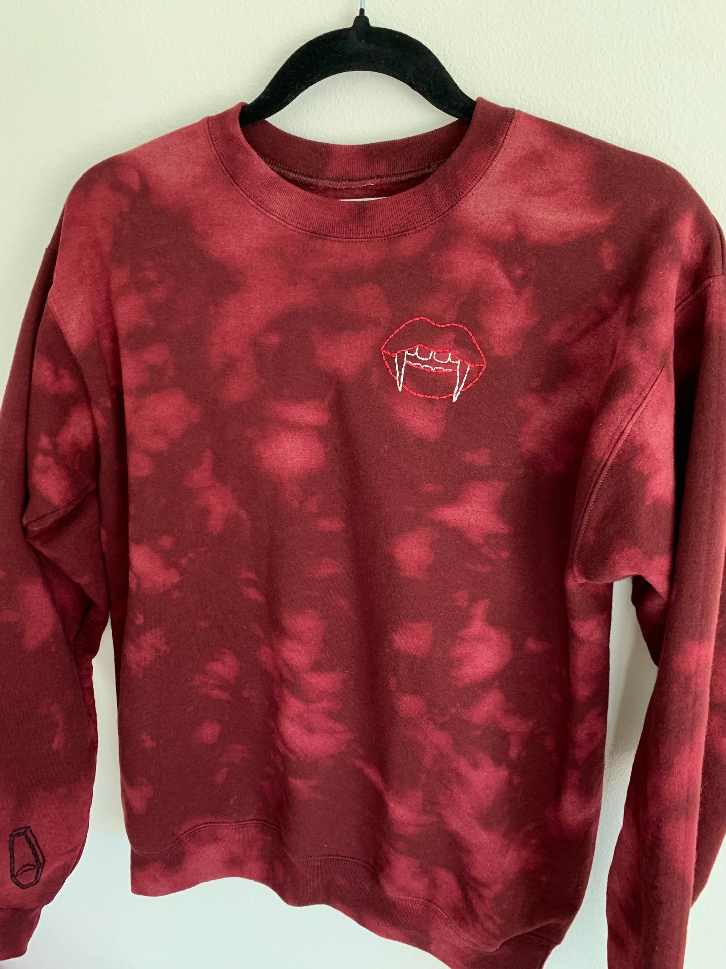 Hand Embroidered Vampire Lips with Bat Coffin on Tie Dye Maroon Fleece Long Sleeve Crew