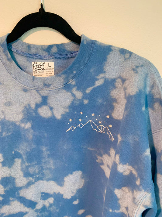 Hand Embroidered White Snowy Star Mountains on Tie Dye Baby Blue Fleece Long Sleeve Crew