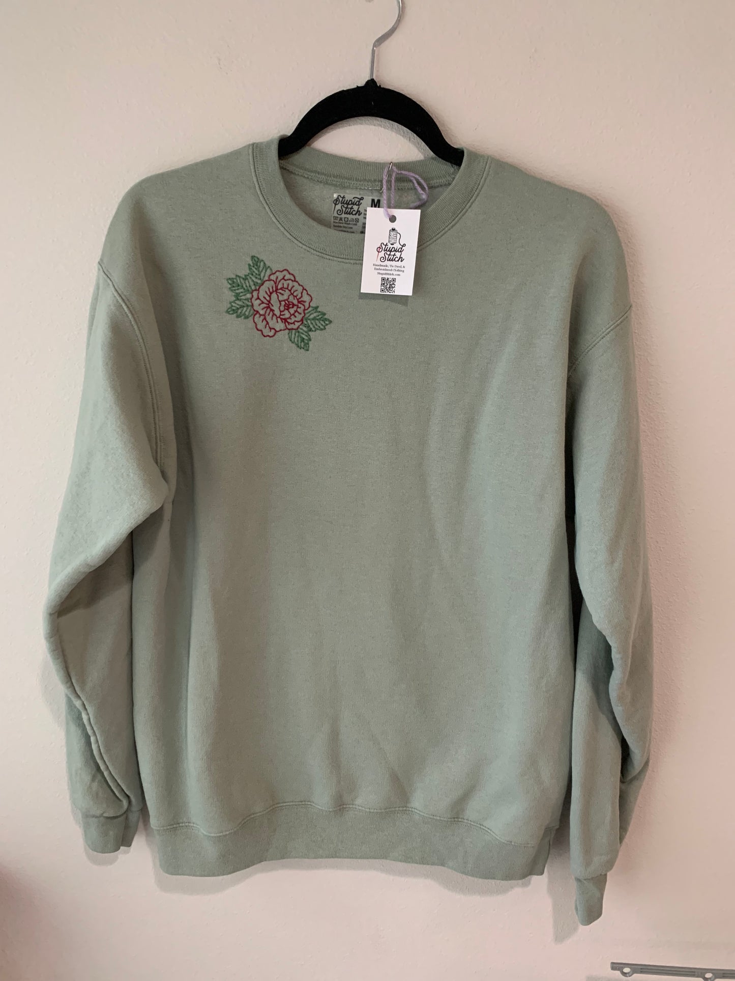 Hand Embroidered Traditional Rose on Solid Sage Green Crew Neck Sweatshirt