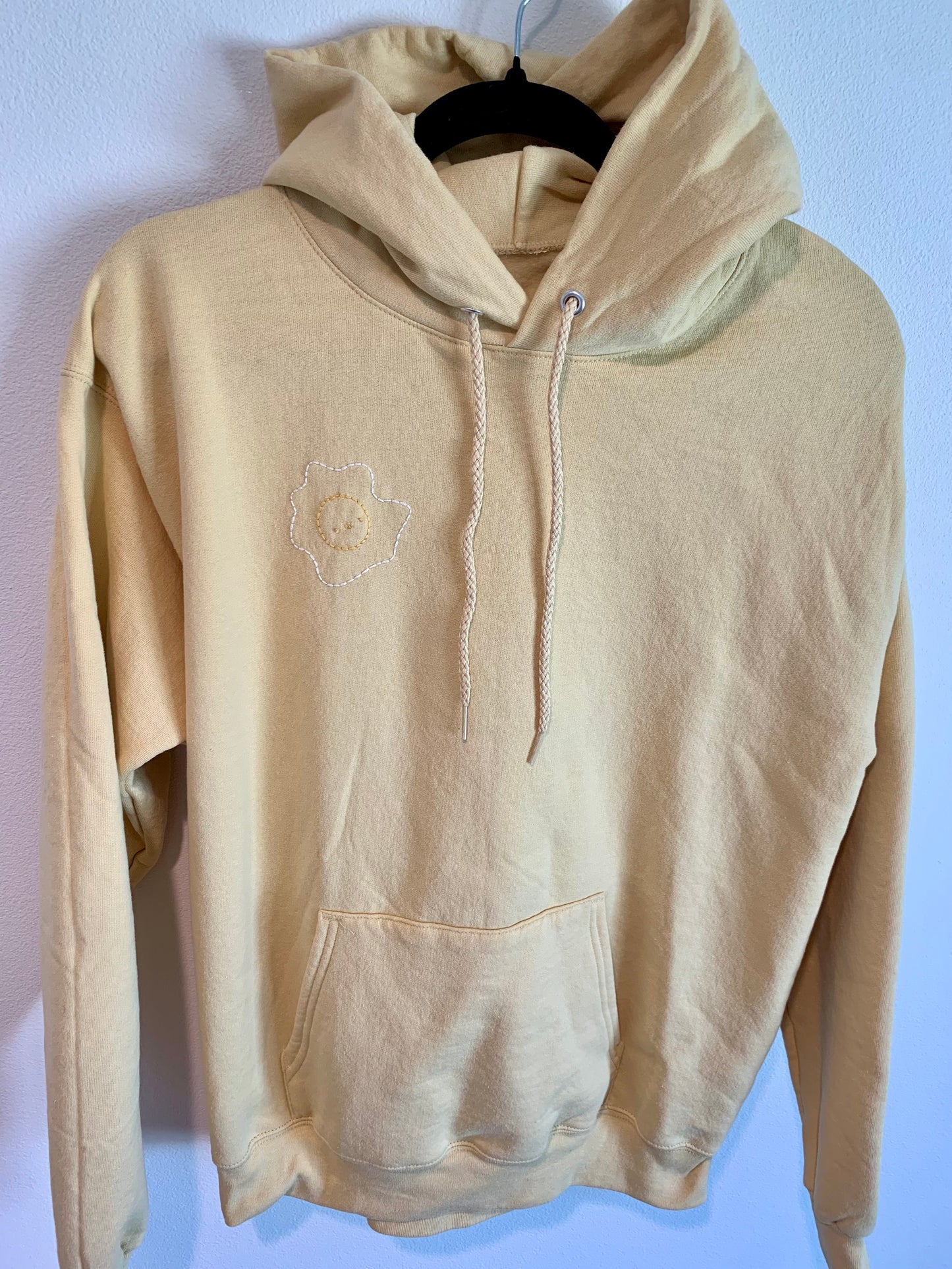 Hand Embroidered Fried Egg on Solid Butter Yellow Hoodie