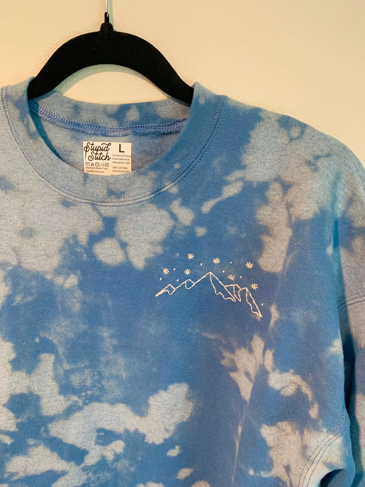 Hand Embroidered White Snowy Star Mountains on Tie Dye Baby Blue Fleece Long Sleeve Crew