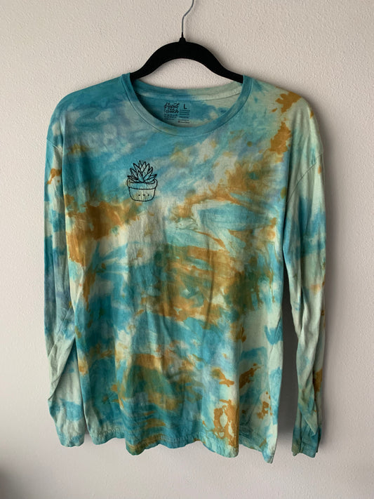 Tie Dye Blue and Yellow Succulent Embroidered Tee