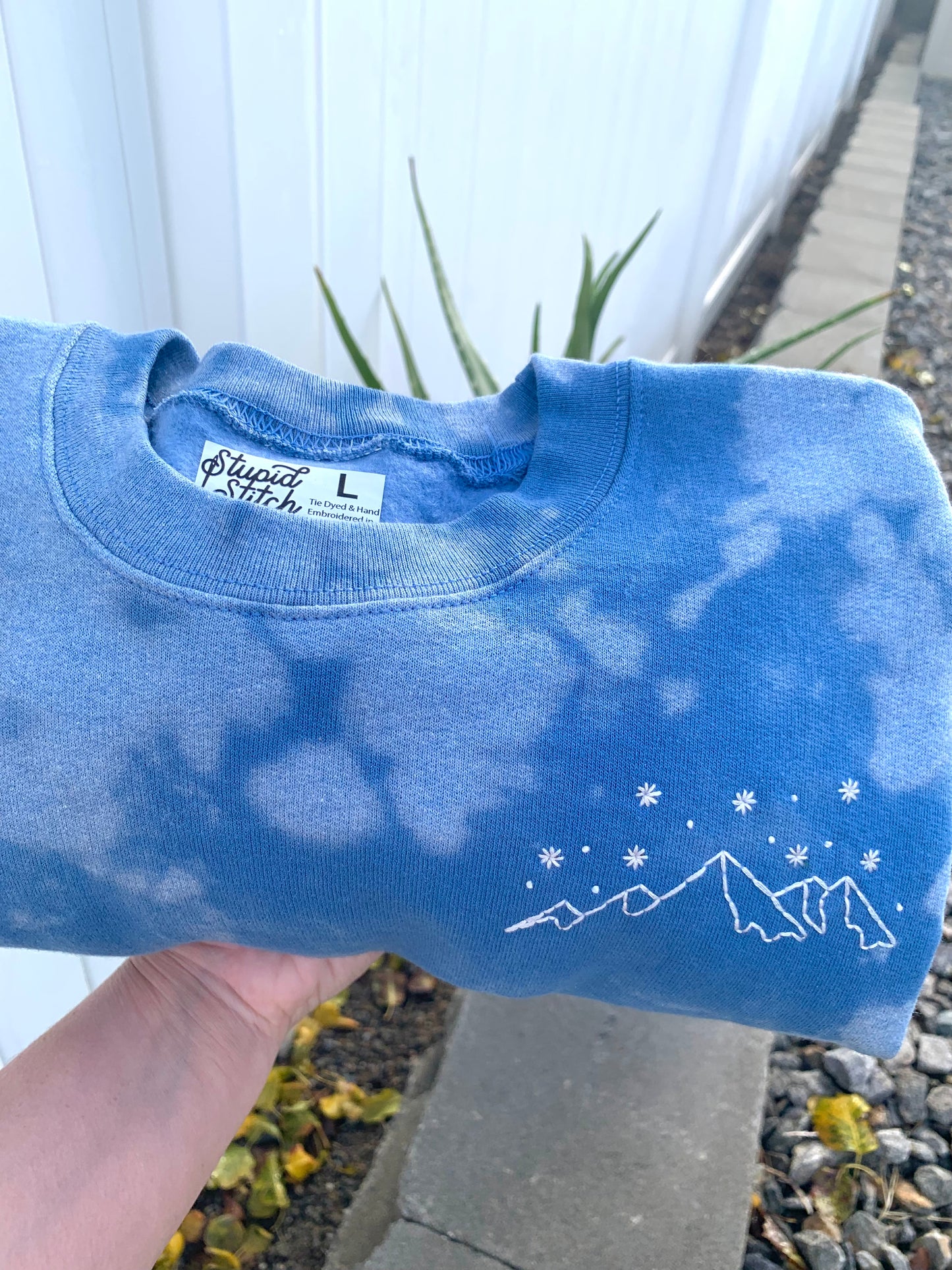 Hand Embroidered White Snowy Star Mountains on Tie Dye Baby Blue Fleece Long Sleeve Crew