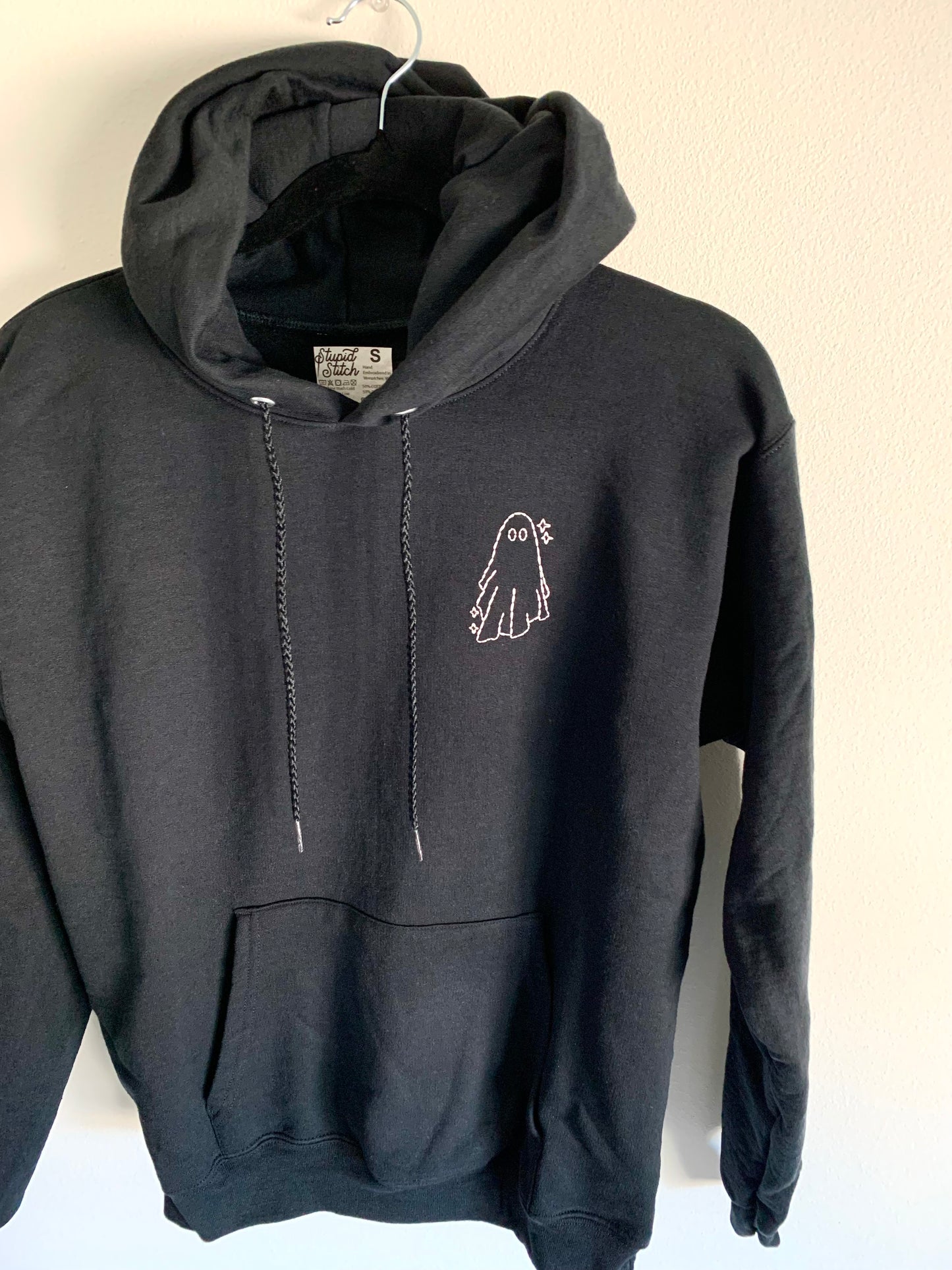 Hand Embroidered Sparkly Sheet Ghost on Solid Black Hoodie