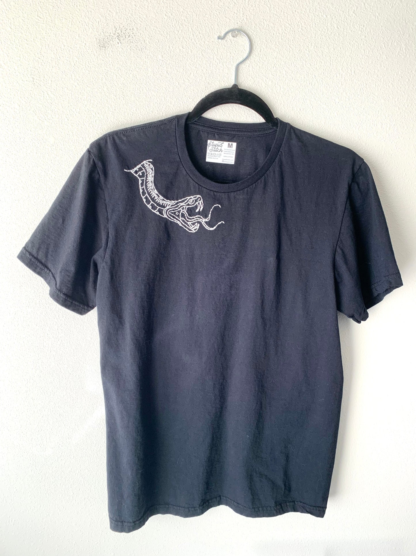 Hand Embroidered White American Traditional Tattoo Design Python Snake on Black Cotton Short Sleeve Tee, Unisex