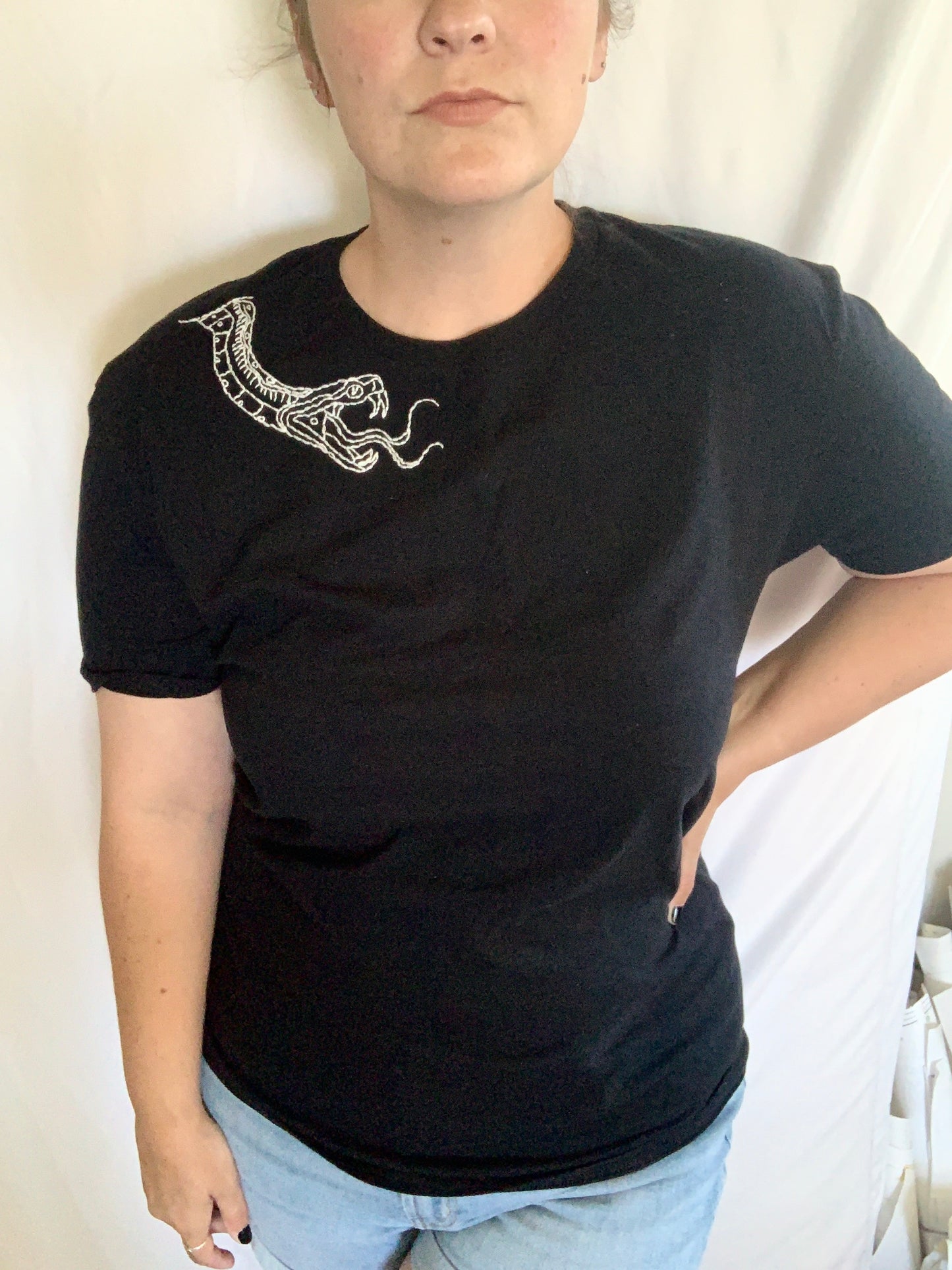 Hand Embroidered White American Traditional Tattoo Design Python Snake on Black Cotton Short Sleeve Tee, Unisex