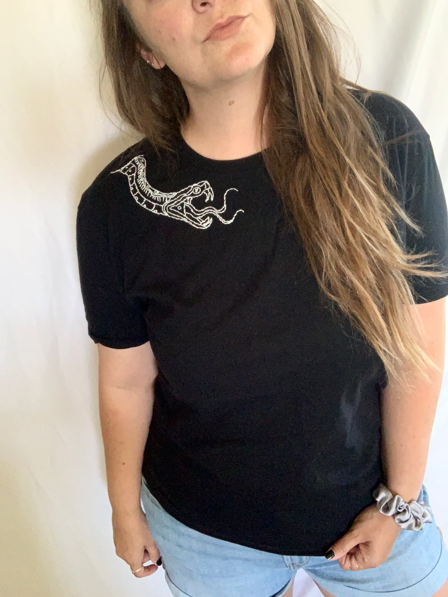 Hand Embroidered White American Traditional Tattoo Design Python Snake on Black Cotton Short Sleeve Tee, Unisex