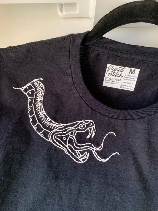 Hand Embroidered White American Traditional Tattoo Design Python Snake on Black Cotton Short Sleeve Tee, Unisex