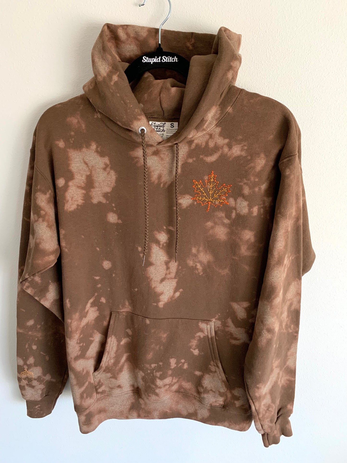 Hand Embroidered Maple Leaf Hoodie | Bleach Dyed Fall Sweatshirt | Cozy Unisex Autumn Pullover