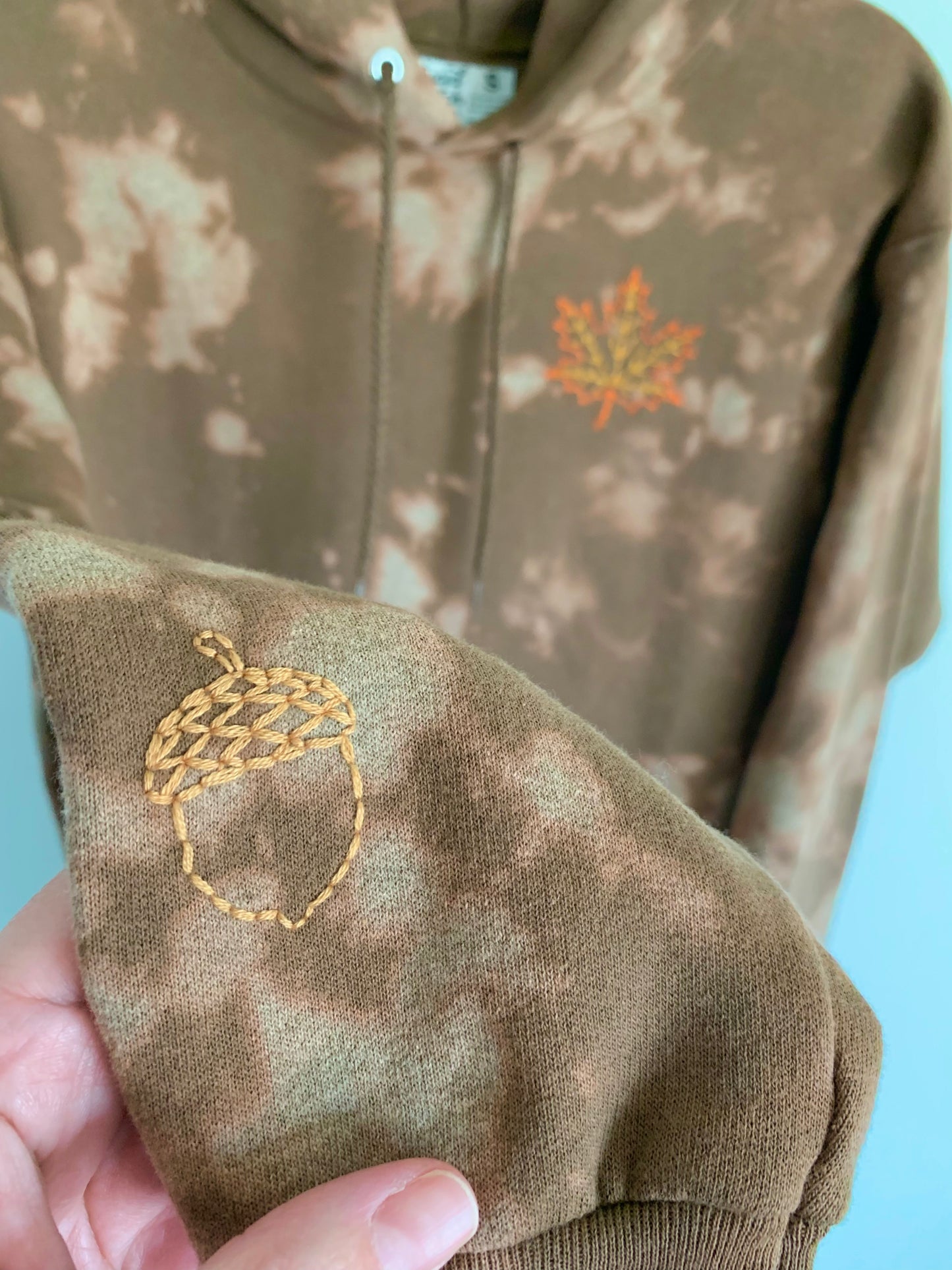 Hand Embroidered Maple Leaf Hoodie | Bleach Dyed Fall Sweatshirt | Cozy Unisex Autumn Pullover