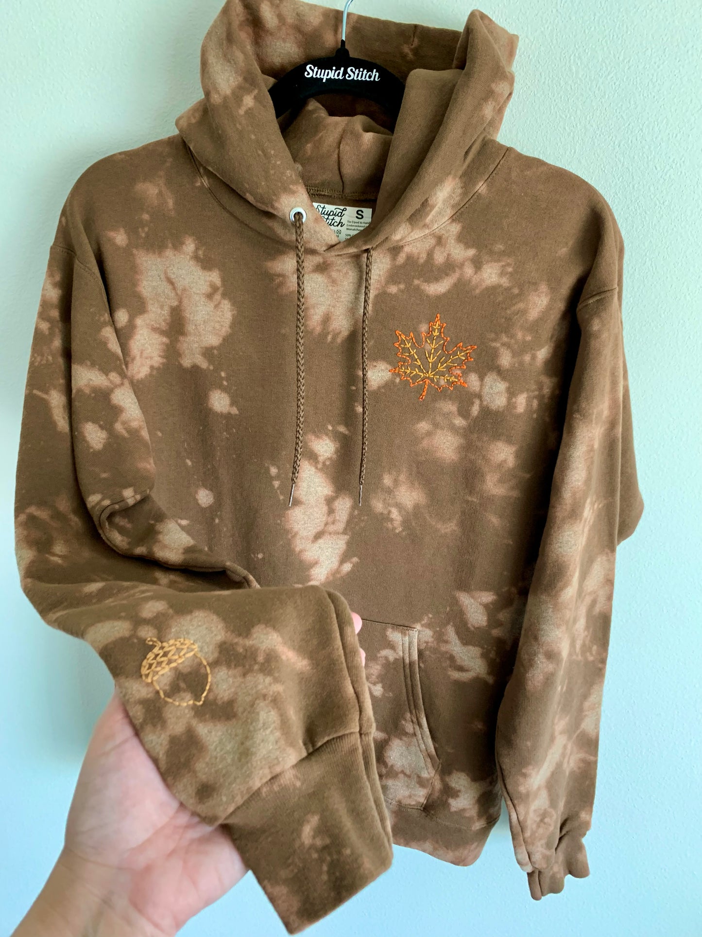 Hand Embroidered Maple Leaf Hoodie | Bleach Dyed Fall Sweatshirt | Cozy Unisex Autumn Pullover