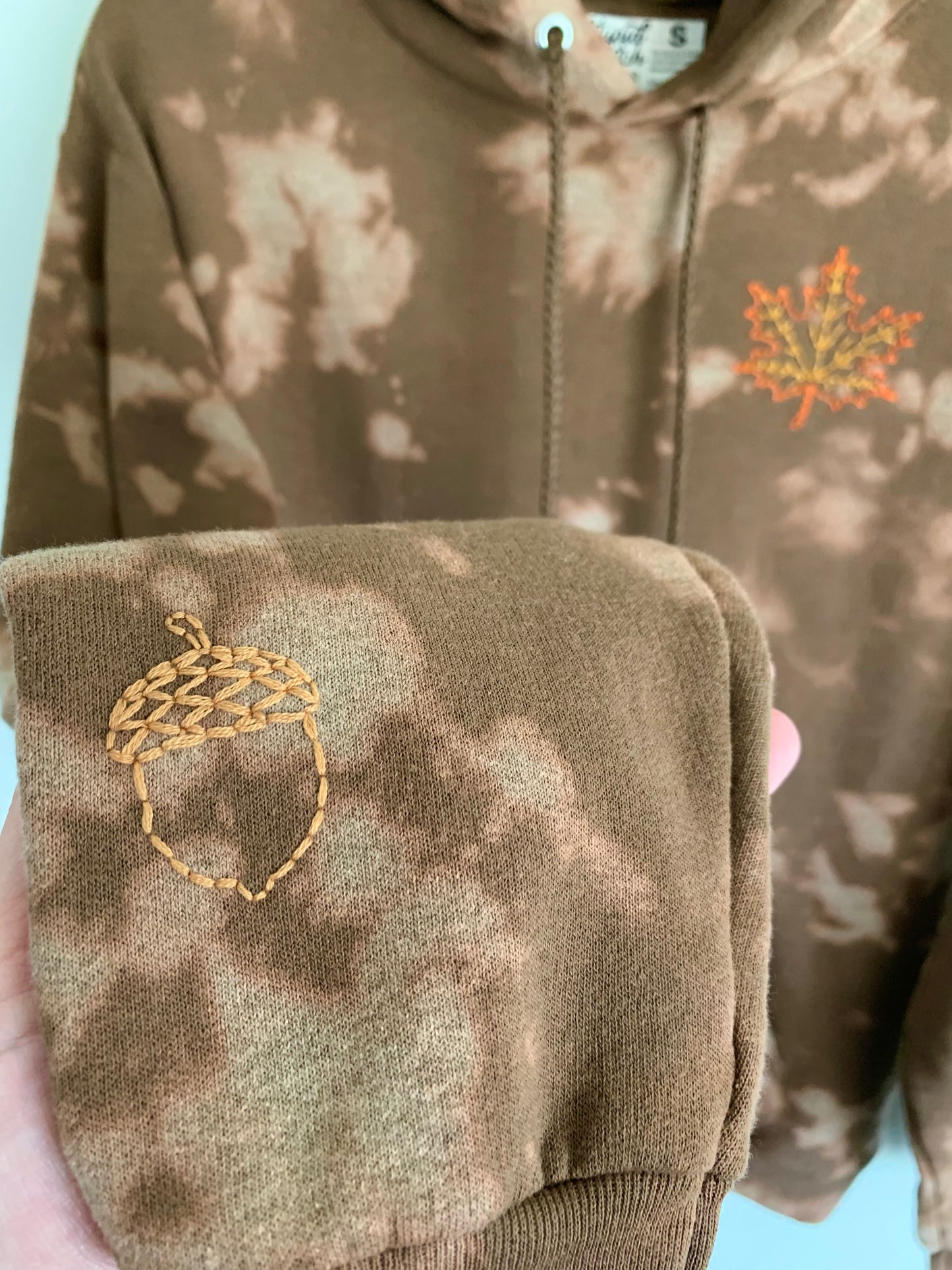 Hand Embroidered Maple Leaf Hoodie | Bleach Dyed Fall Sweatshirt | Cozy Unisex Autumn Pullover