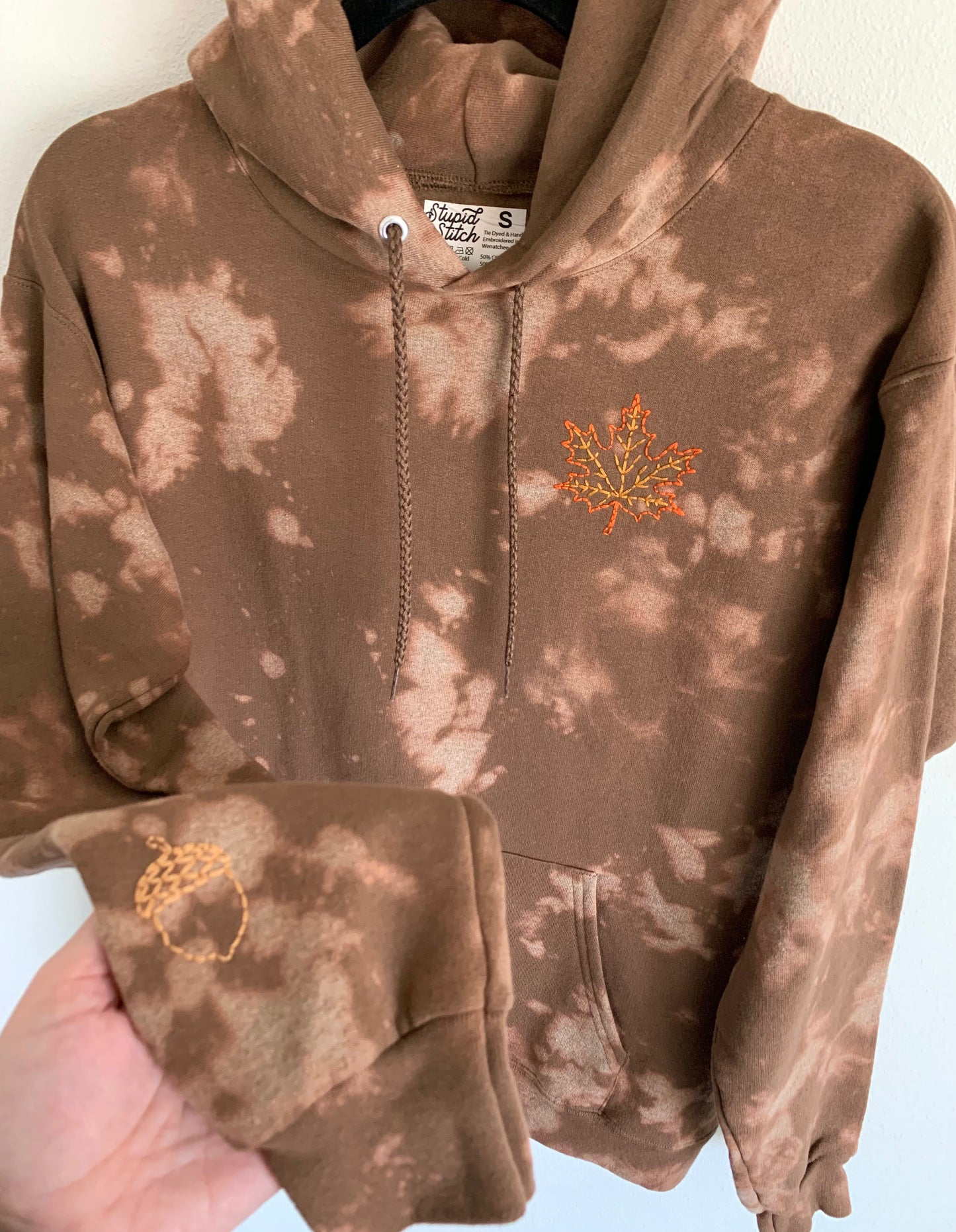 Hand Embroidered Maple Leaf Hoodie | Bleach Dyed Fall Sweatshirt | Cozy Unisex Autumn Pullover