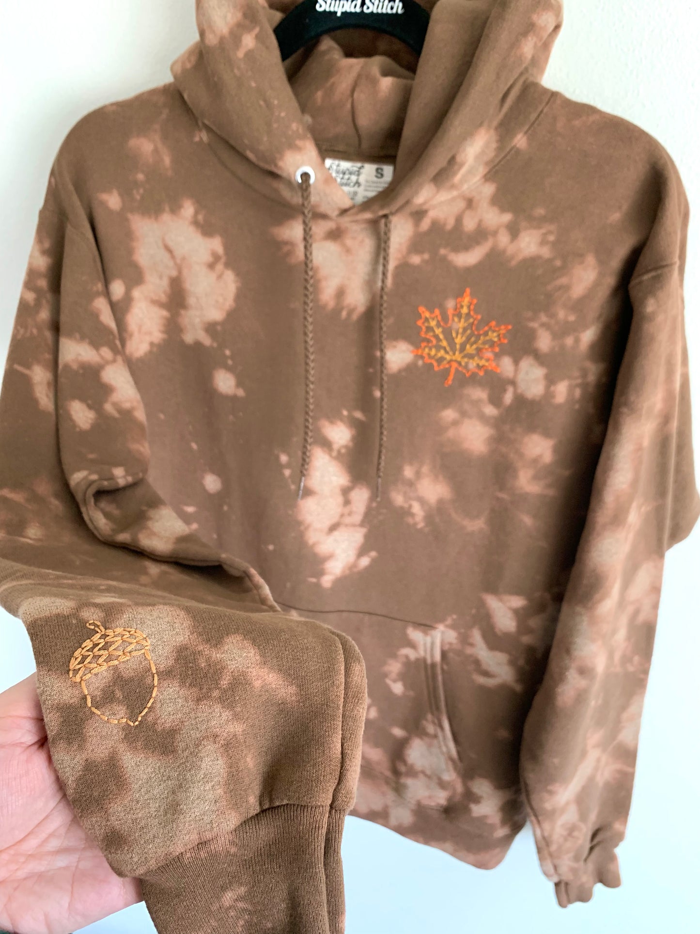 Hand Embroidered Maple Leaf Hoodie | Bleach Dyed Fall Sweatshirt | Cozy Unisex Autumn Pullover