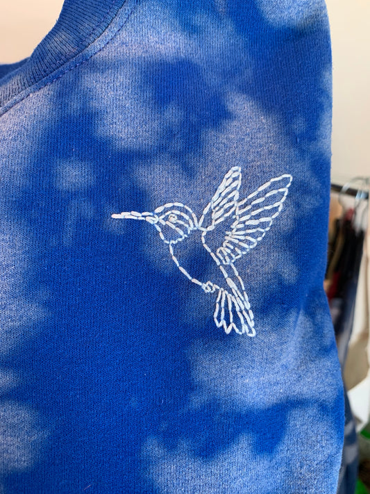 Made to Order White Hummingbird Hand Embroidery – Unisex Royal Blue Tie-Dye Fleece Sweatshirt