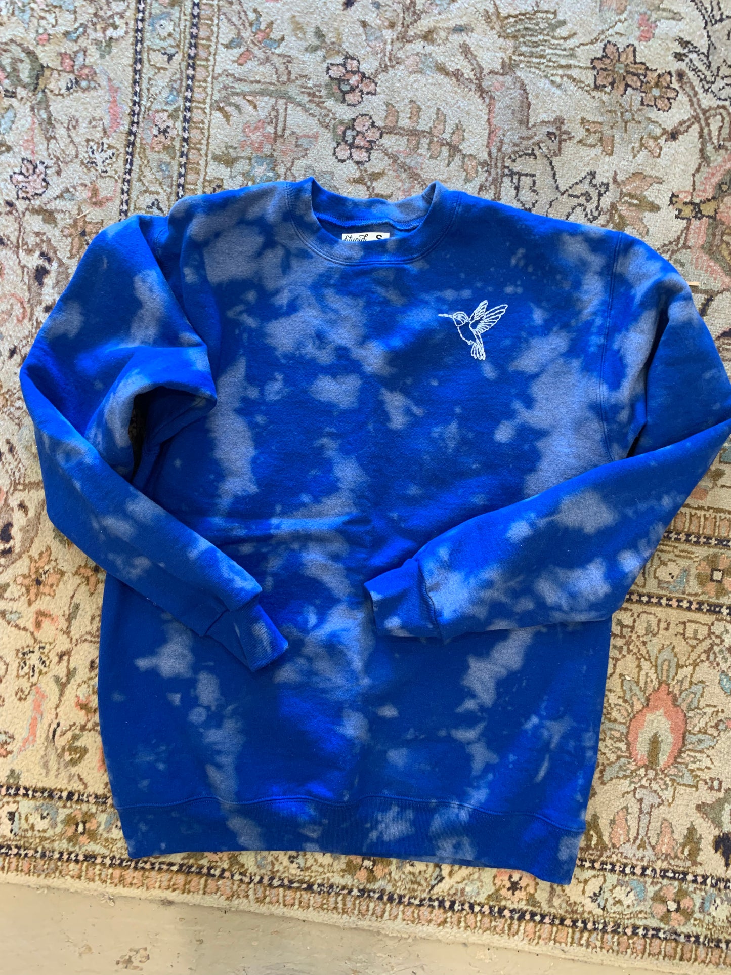Made to Order White Hummingbird Hand Embroidery – Unisex Royal Blue Tie-Dye Fleece Sweatshirt